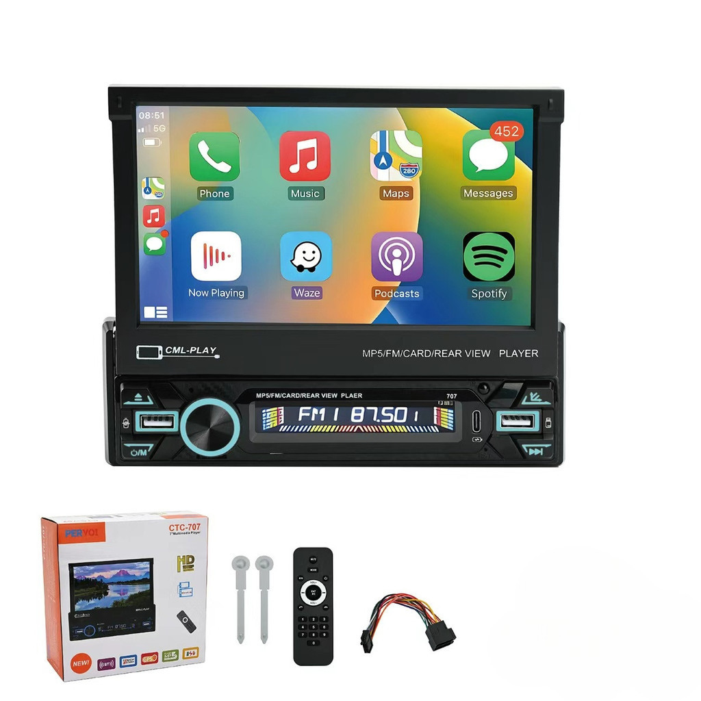 Central Multimídia 1 DIN 7” Retrátil Bluetooth GPS USB Câmera de Ré MP5 CarPlay  anjgg