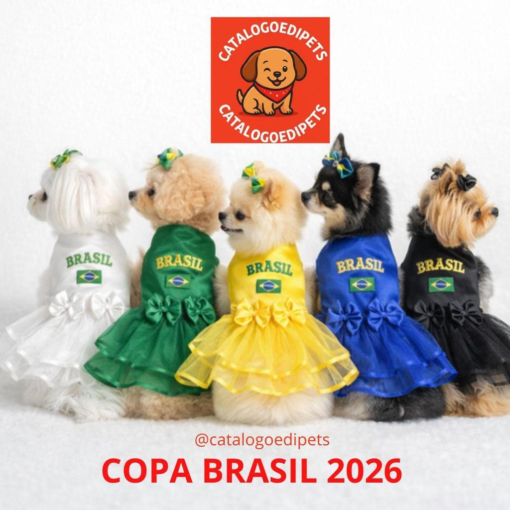 Vestido Pet Para Cachorros e Gatos Copa do Mundo 2026 Brasil Roupa Roupinha Pet Verde Amarelo Azul Branco Preto