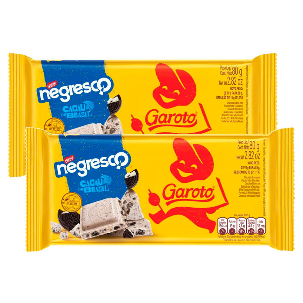 Kit 2 Chocolate Garoto Branco com Biscoito Negresco 80g em Oferta na Shopee