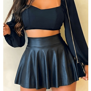ShortSaia Courinho Couro Fake Feminino Country Brilho Molhado Cintura Alta Festa Balada Dança Corrid em Oferta na Shopee