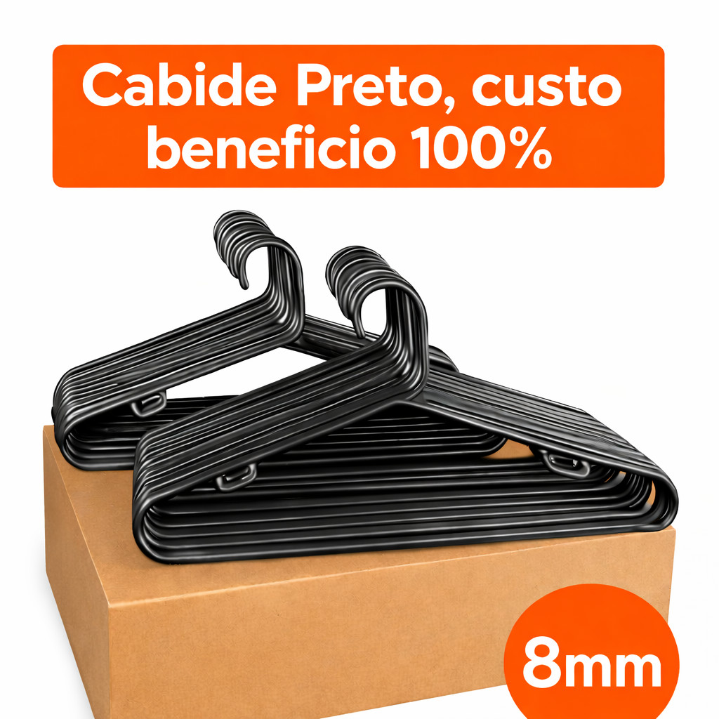 Kit 100 Cabides Preto 8mm, Adulto Reforçado Organizadores Para Casa Loja Lavanderia.