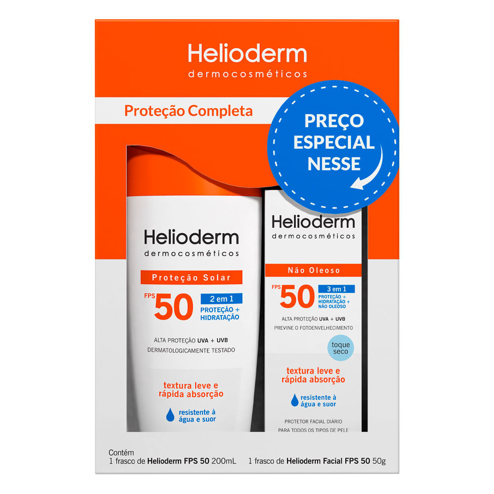 Kit Protetor Solar Corporal Helioderm Suncare FPS 50 200ml + Facial 50g em Oferta na Shopee