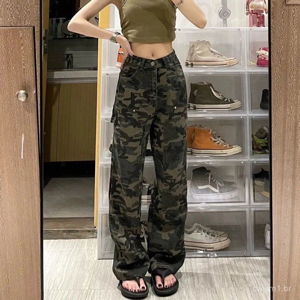 Calças Jeans Cargo Femininas Camufladas Estilo Streetwear, Cintura Alta, Corte Reto, Moda Boyfriend Y2k Casual