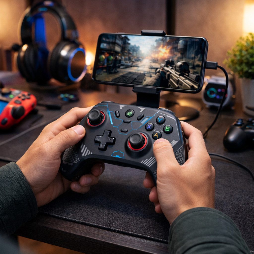 Controle Gamer Sem Fio Bluetooth 2.4G com Base Carregamento para PC Android Celu