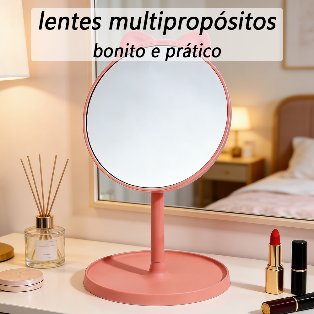 Espelho Mesa Penteadeira Gatinha Redondo com Rotação 360º Bandeja Multifuncional e Pente Oculto Fofo para Maquiagem em Oferta na Shopee