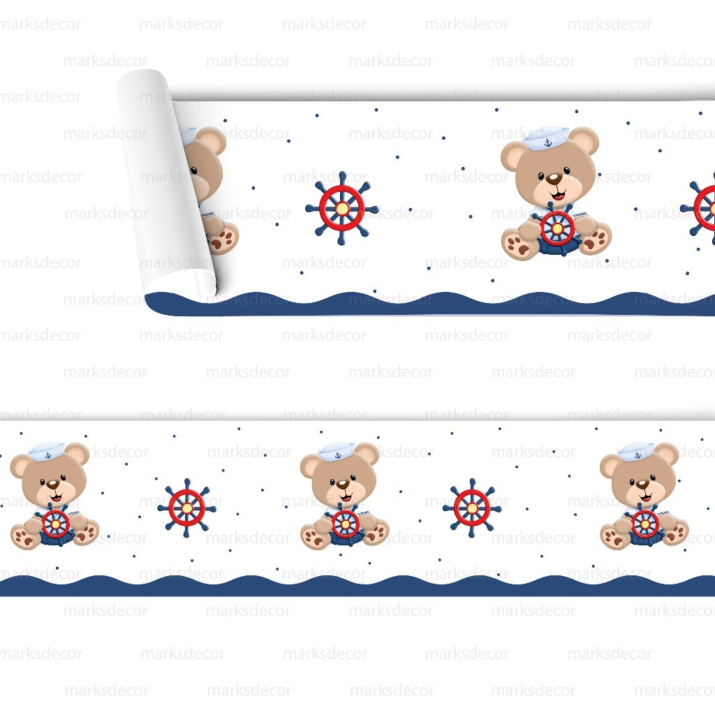 Faixa Adesivo de Parede Infantil Ursinho Marinheiro Papel De Parede Infantil Decoração Quarto Menino
