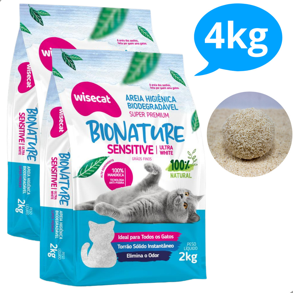 Kit 2 Areia Sanitária De Mandioca Grãos Finos Para Gatos Biodegradável Wisecat 4kg