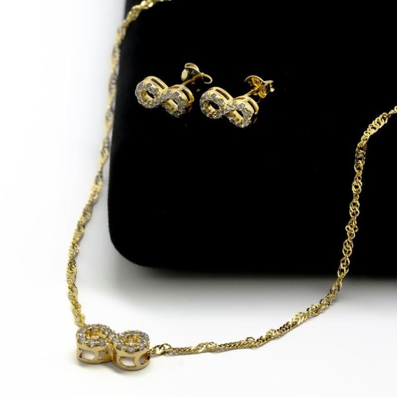 Conjunto Infinito Cravejado Gargantilha e Brincos Feminino Banhado a Ouro 18k