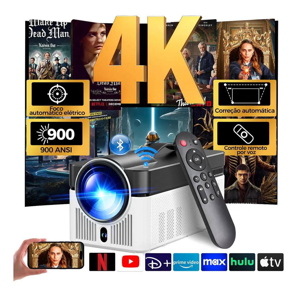 Projetor Magcubic HY450 Full HD 1080P 4K 8K 900 ANSI Foco Elétrico Android WiFi 6 Bluetooth 5.4 Controle por voz Bivolt