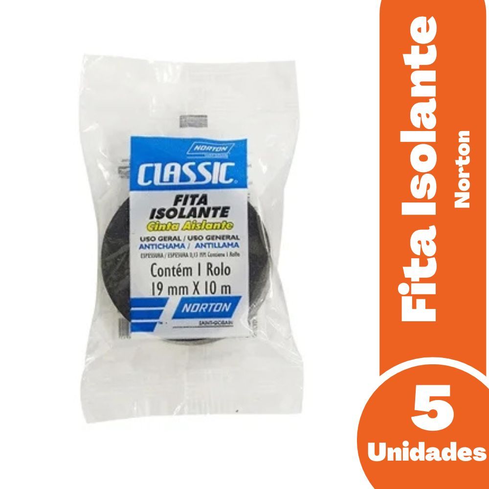 Kit 5 Fitas Isolante Norton Classic 19mm X 10m Importada - Embalagem Preto