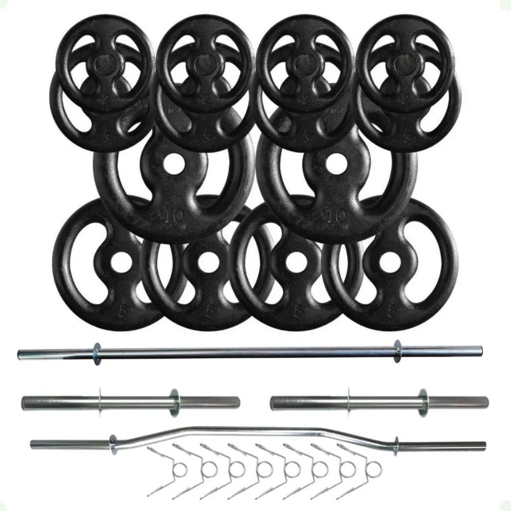 Kit 60 Kg de Anilhas Ferro + 02 Barras de 40cm + Barra W + Barra 120cm
