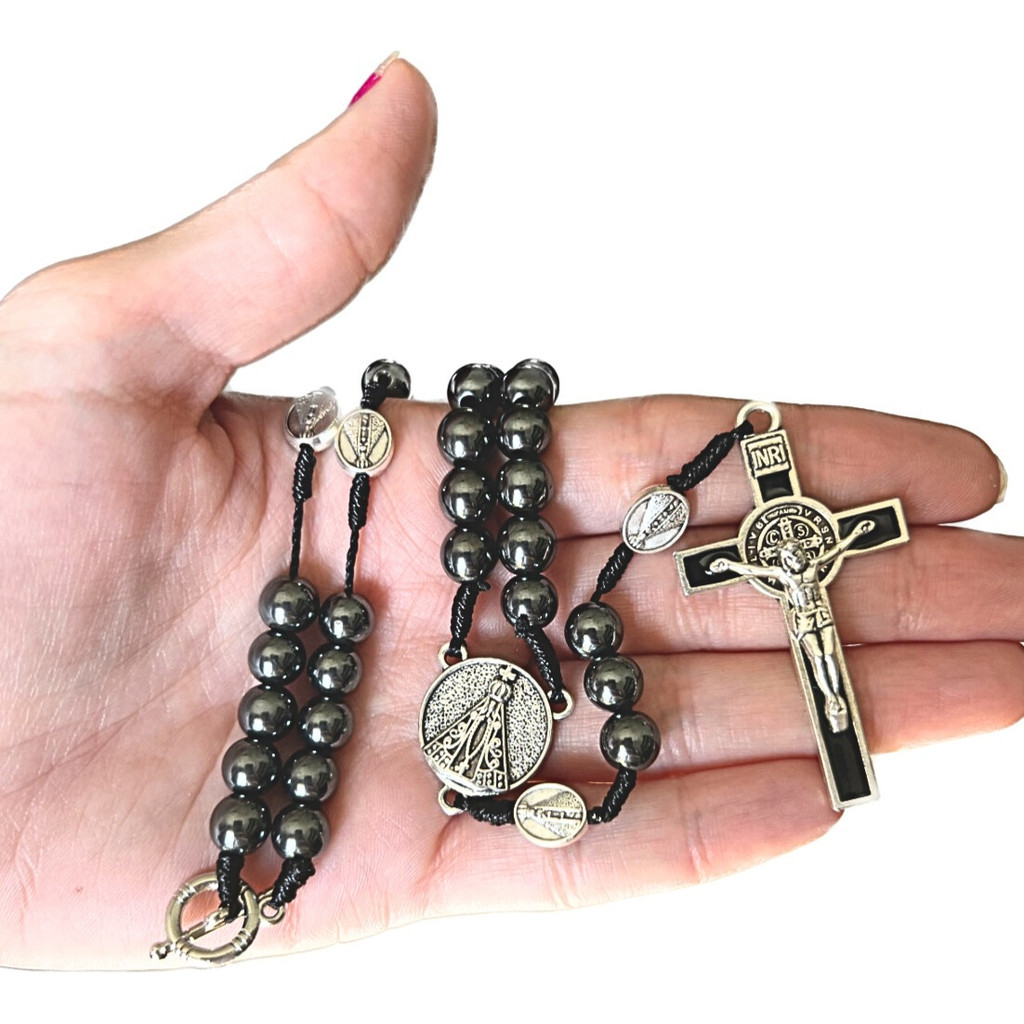 Colar Terço De Pescoço Hematita Nossa Senhora Aparecida