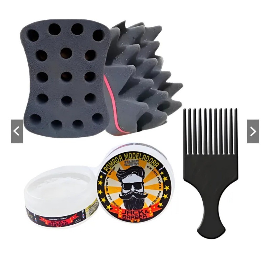 Kit Esponja Nudred Dupla Enrolar Cabelos P 12mm + Cera + Pente Afro Barber