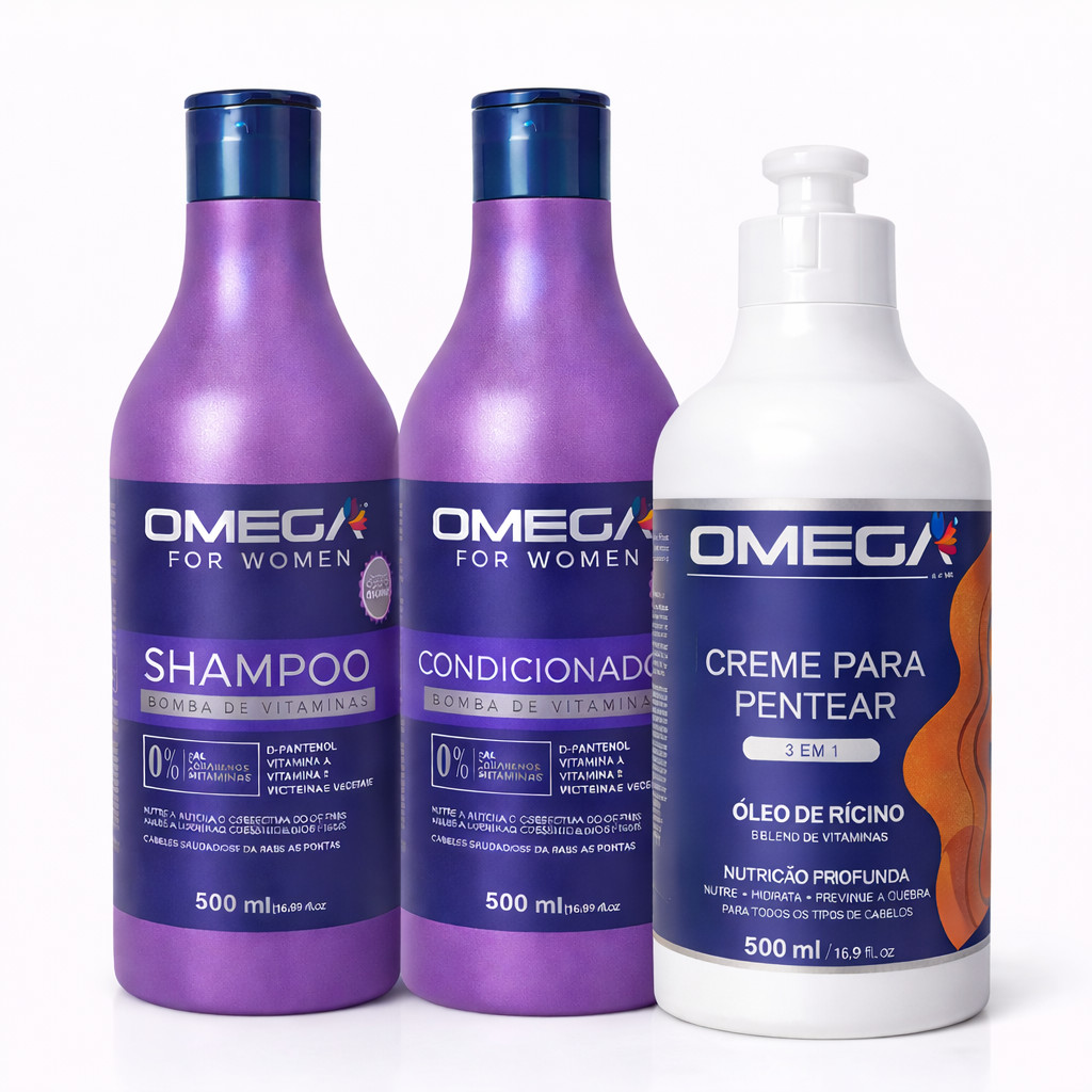 Kit Bomba de Vitaminas Omega Hair Shampoo 500ml + Condicionador 500ml + Creme Pentear Óleo de Rícino Crescimento e Força