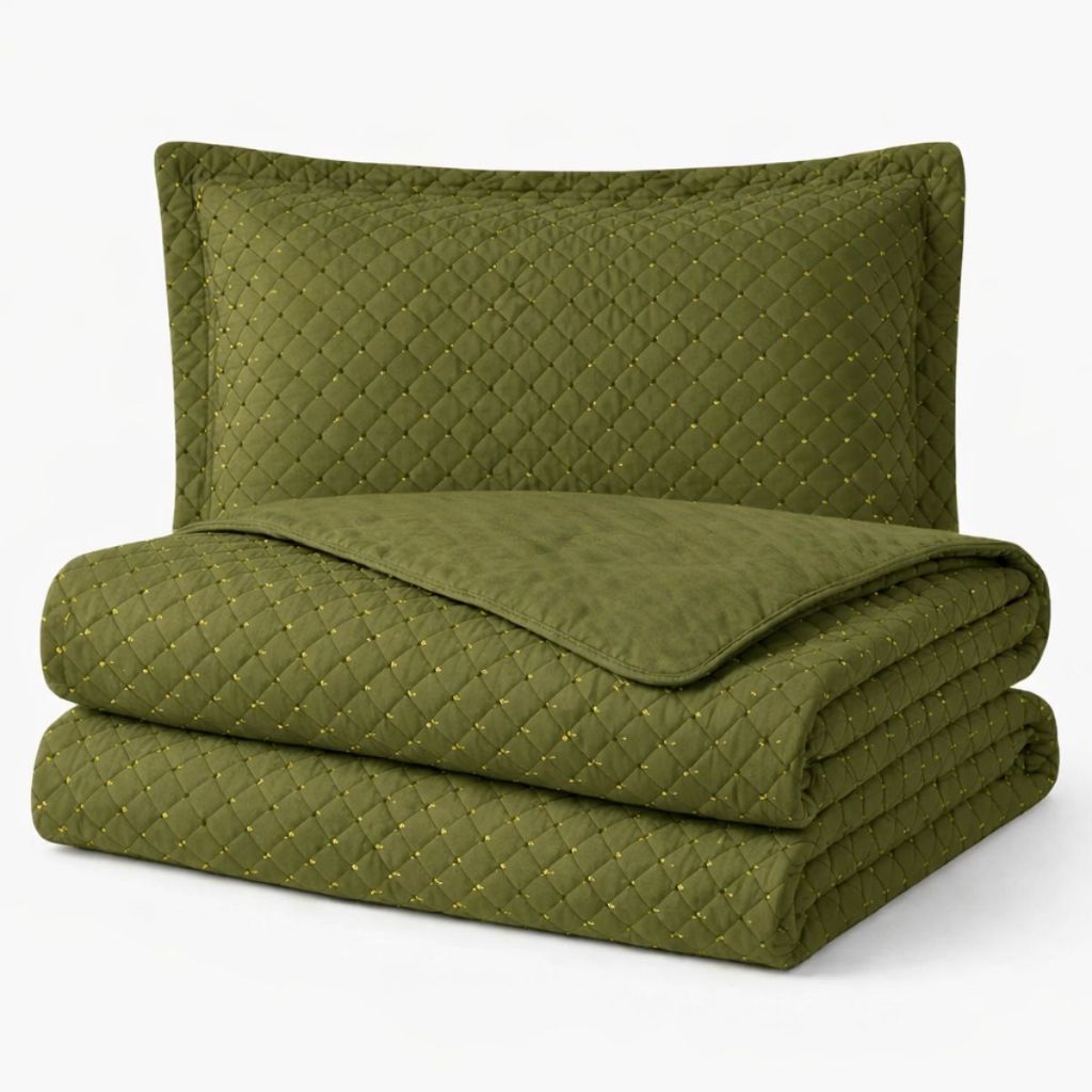 Kit Colcha Cocha Cobre Leito Jogo Roupa Cama Casal Queen 3 Pçs Bordado Linha Dupla Face Quarto Verde