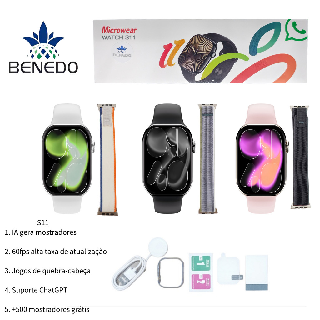 Smartwatch Microwear S11 Séries 11 46mm GPS 2 Pulseira capa pelicula Chat Gpt Original inteligentes