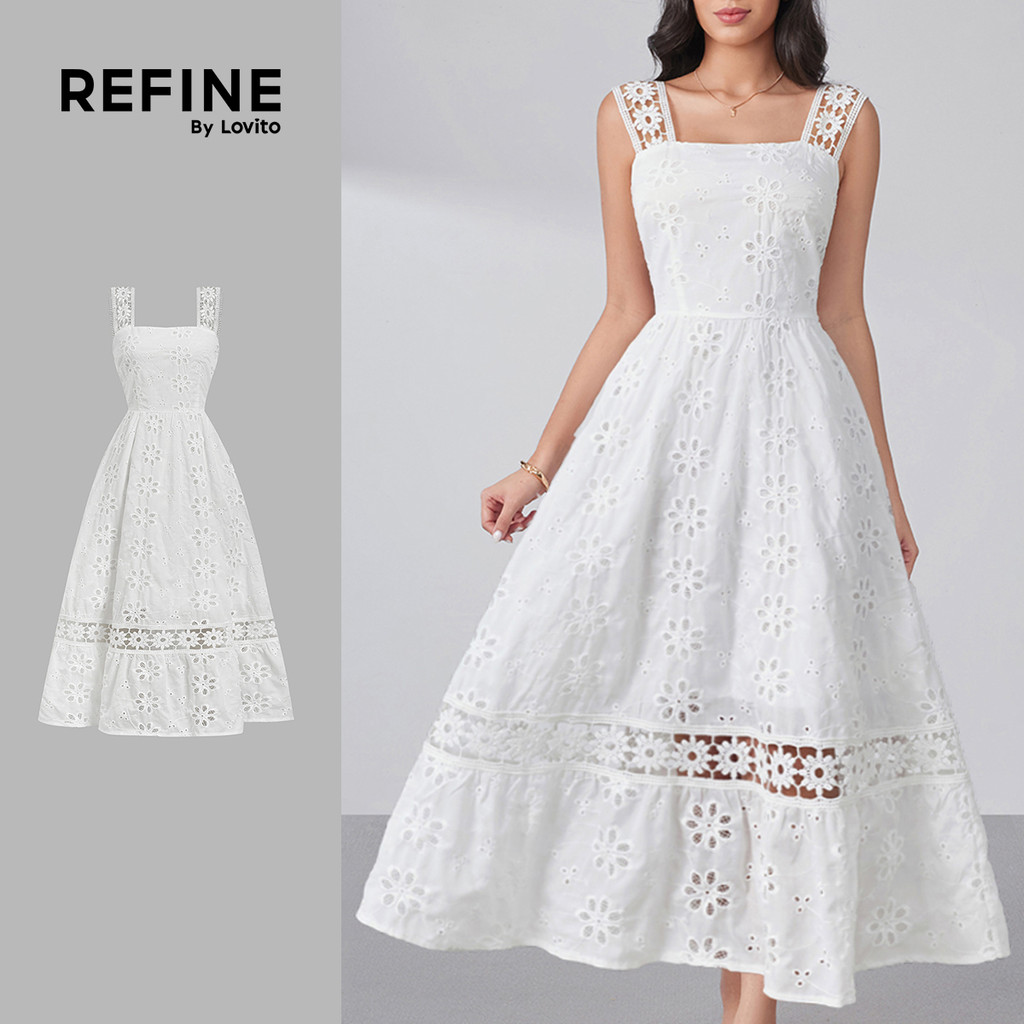 (Lovito Refine)  Vestido Branco Feminino Dupla Camada com Babados e Gola Elegante Primavera/Verão LR32L095