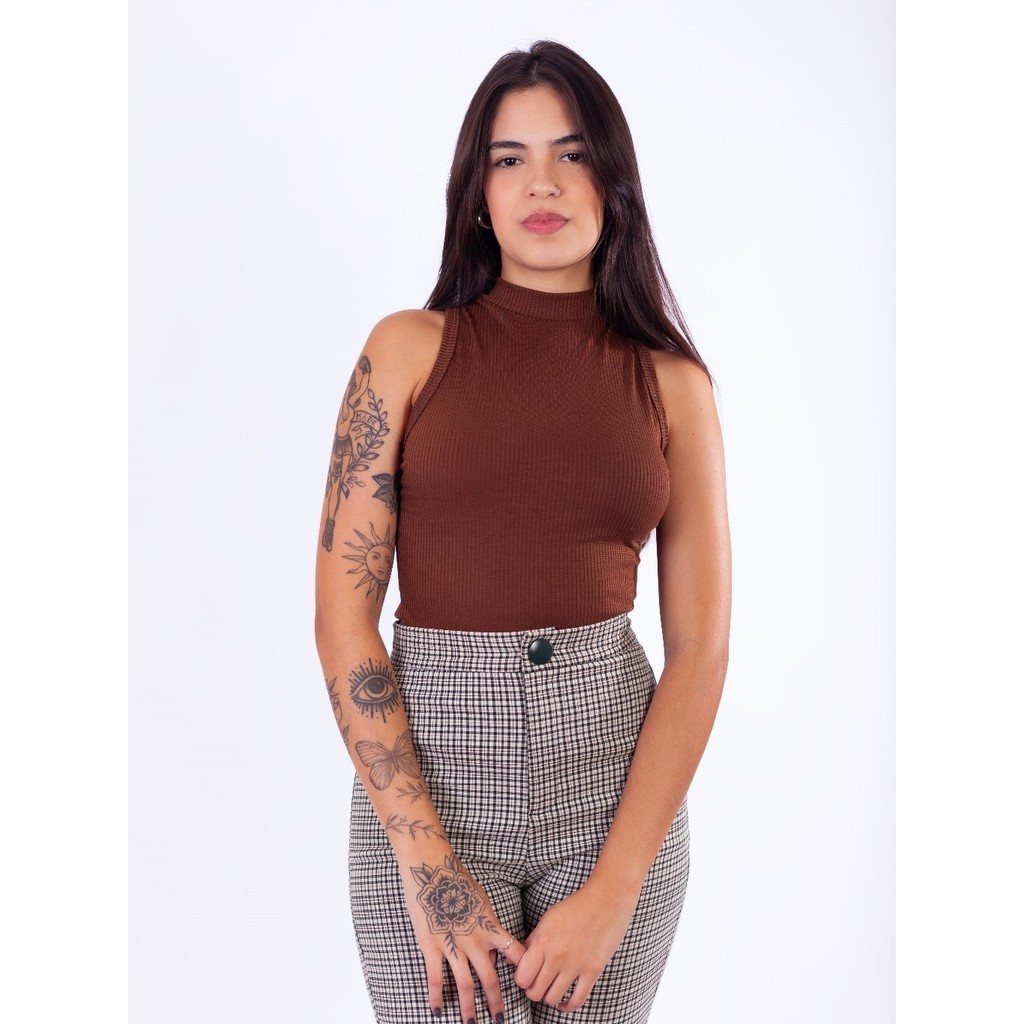 Blusa Regata Cropped Feminina Gola Alta Canelada Curta Dia a Dia