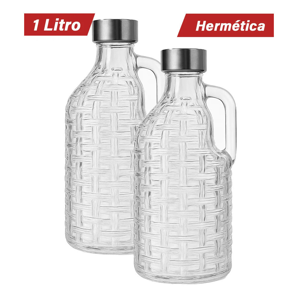 Conjunto com 2 Garrafas de Vidro 1L com Alça e Tampa em Inox