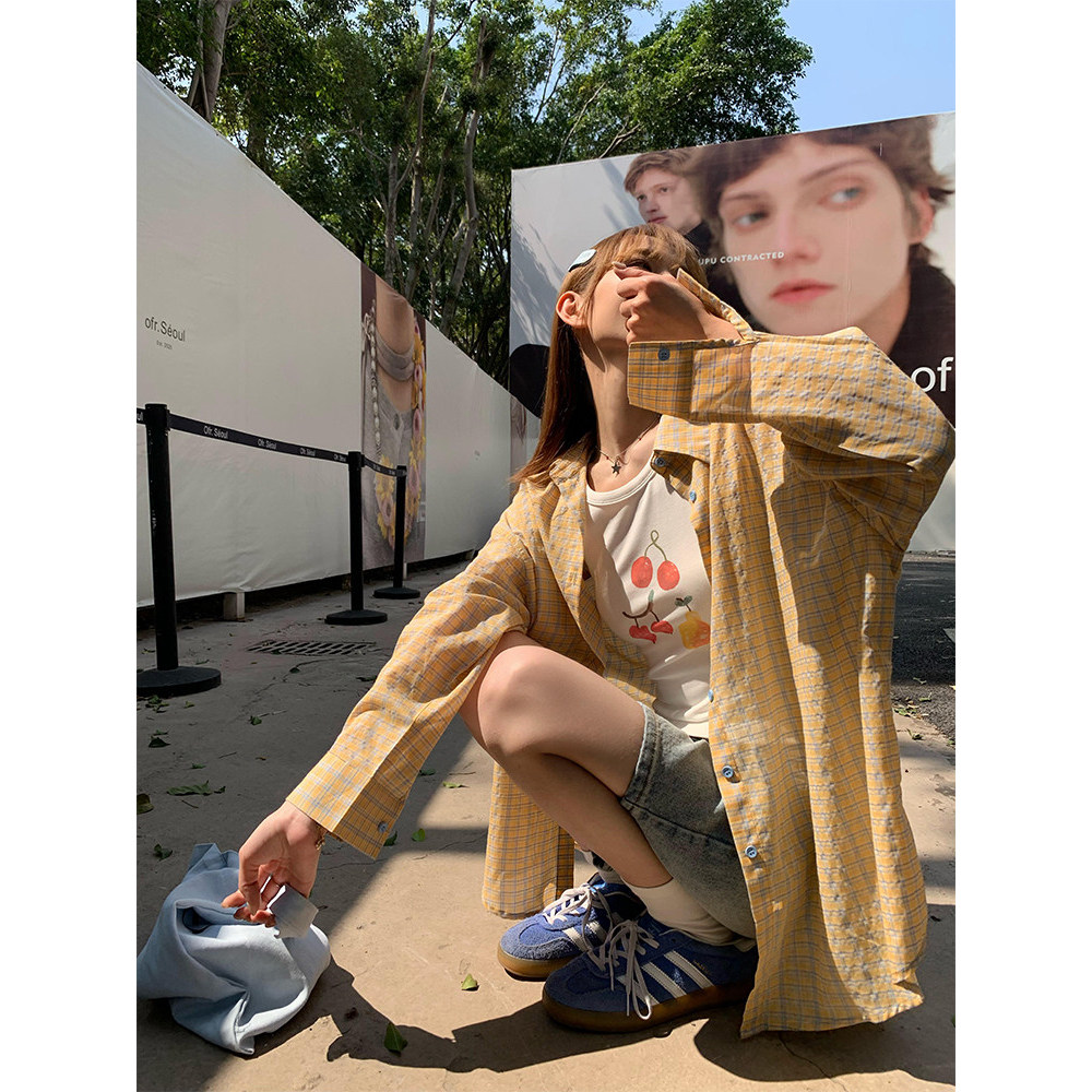 Song Zhengen Camisa xadrez amarela feminina verão solta estilo fino protetor solar manga comprida Casual solta jaqueta s