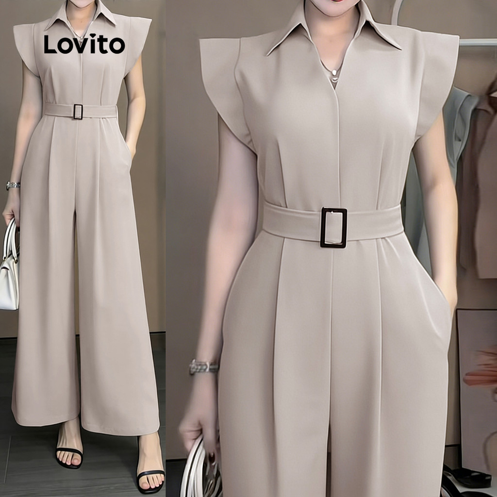 Lovito Macacão elegante com botão frontal primavera/verão cáqui para mulheres L176LD067