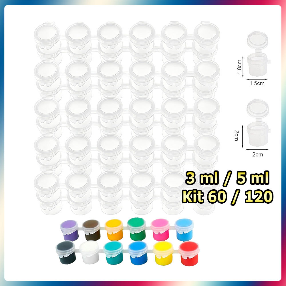 Kit 60/120 Pote de tinta vazio copinho transparente para tinta recipiente plástico pequeno para artesanato pintura