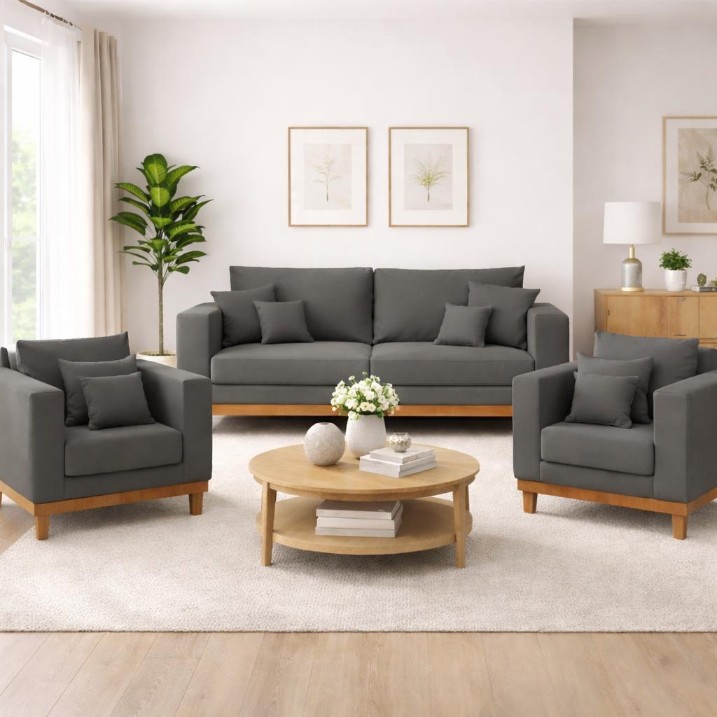Kit 2 Poltronas Living + Sofá 3 Lugares com Base Madeira Suede