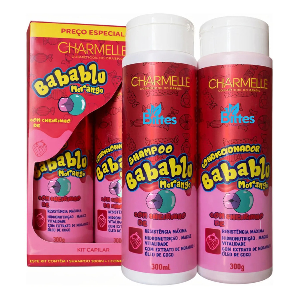 Kit Shampoo Condicionador Babablu Morango Charmelle 300ml hidratação de cabelo