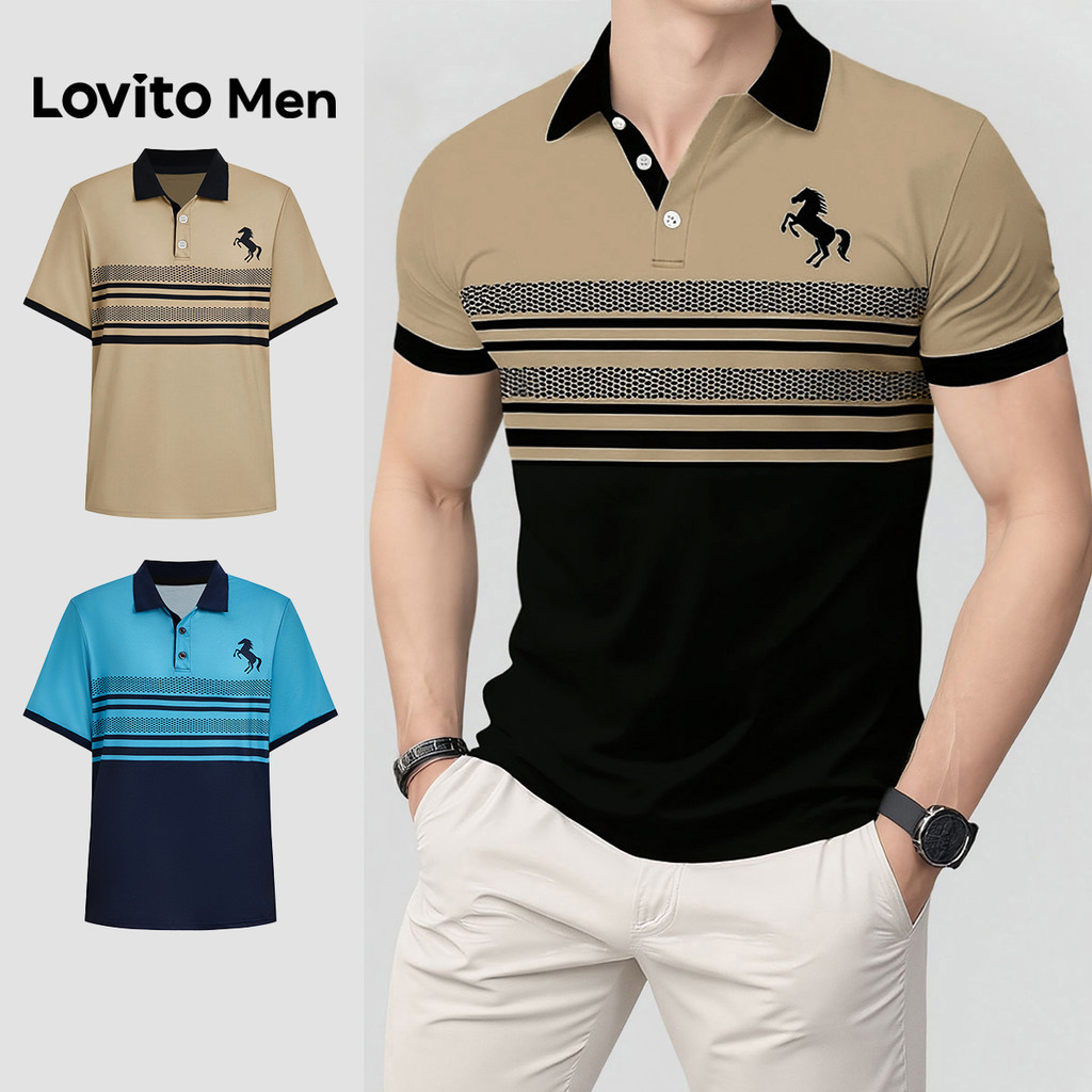 Lovito Men Camisa Polo Casual de Cores Contrastantes com Botões para Primavera/verão para homens LNE118020