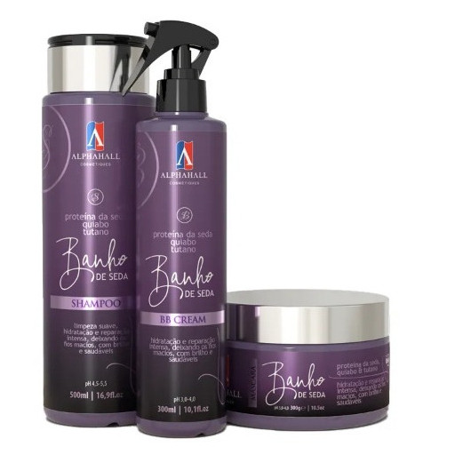 Kit Banho de Seda Manutenção Cabelos Lisos Máscara Shampoo BB Cream Alphahall