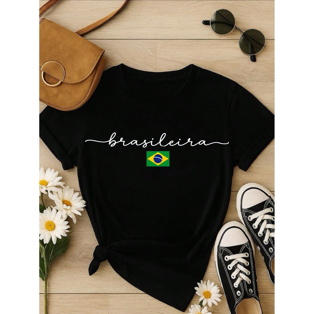 Camiseta Feminina Brasileira Copa Brasil 100% Algodão Estampa Minimalista Casual Confortável P-GG em Oferta na Shopee