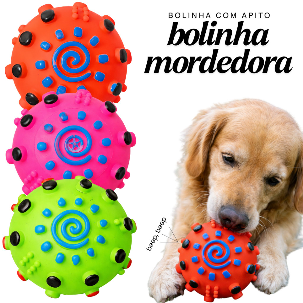 Bola de Vinil com Apito para Cachorro Pequeno Porte Brinquedo Pet Interativo Resistente