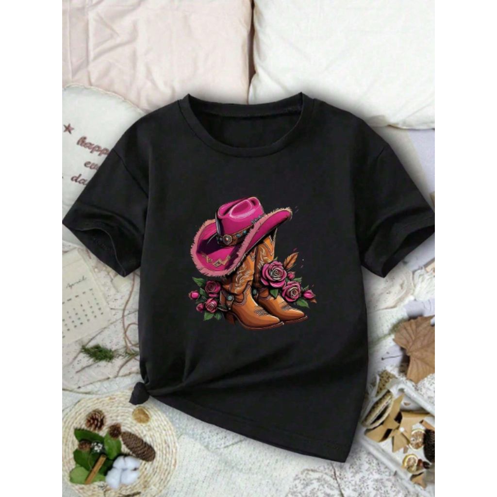 Camiseta Blusinha Infantil Juvenil Menina Bota Chapeu 100% Algodão Estilo Country