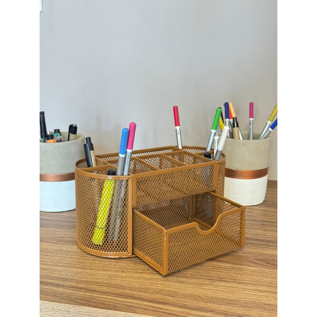 Porta Lápis + Porta Treco Organizador de Mesa de Escritório Kit caneta metal aramado