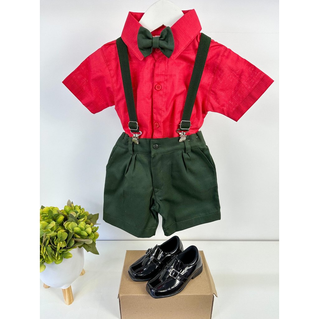 Conjunto Infantil Completo Menino Suspensorio Shorts Verde Militar Formatura Noivinho Casamento