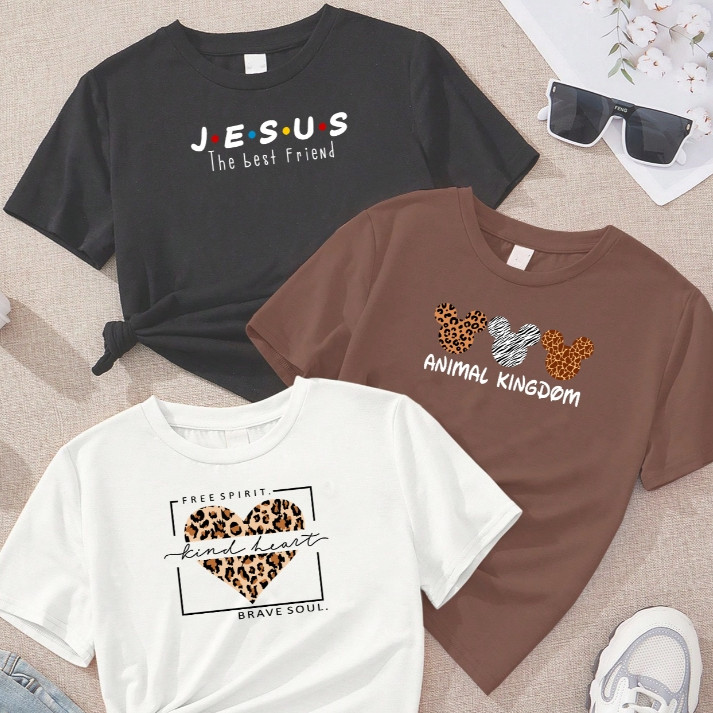 Blusa feminina de algodão kit com 3 Jesus, Coração, Mickey blusa marrom preta Off white