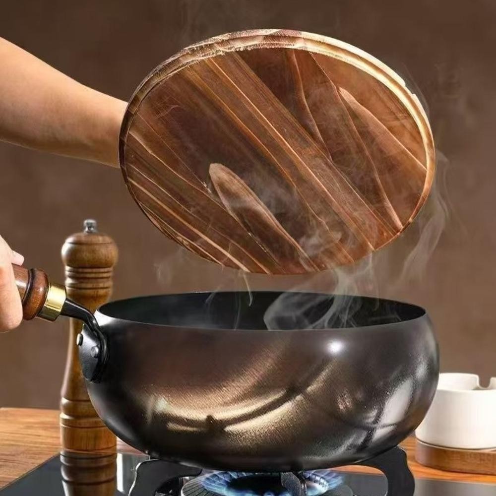 Panela De Frigideira De Ferro Fundido-Antiaderente Saudável Forjada Com Tampa De Madeira Para Fogão A Gás De Indução