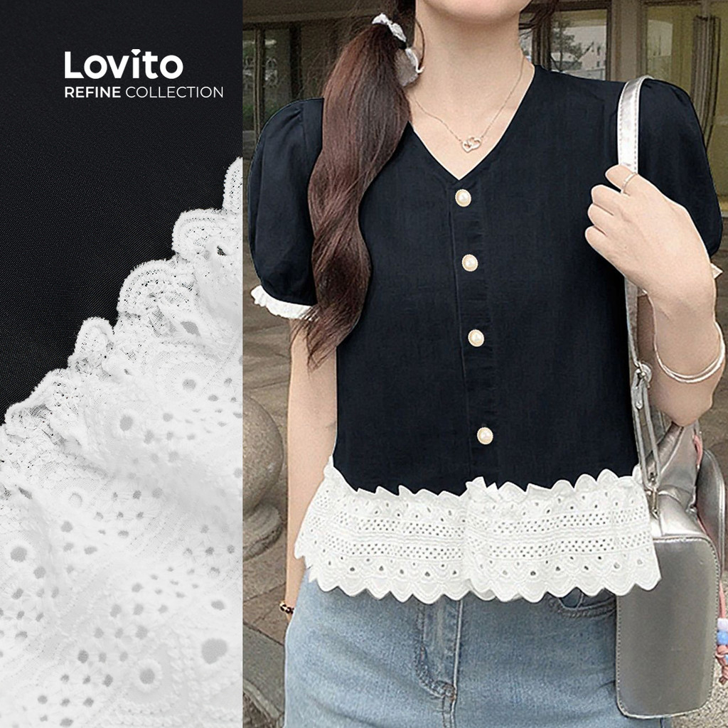 (Lovito Refine)  Blusa Costura Exagerada com Babados Colorblock Primavera/verão Blusa Preta para Mulheres. LR29E038 em Oferta na Shopee