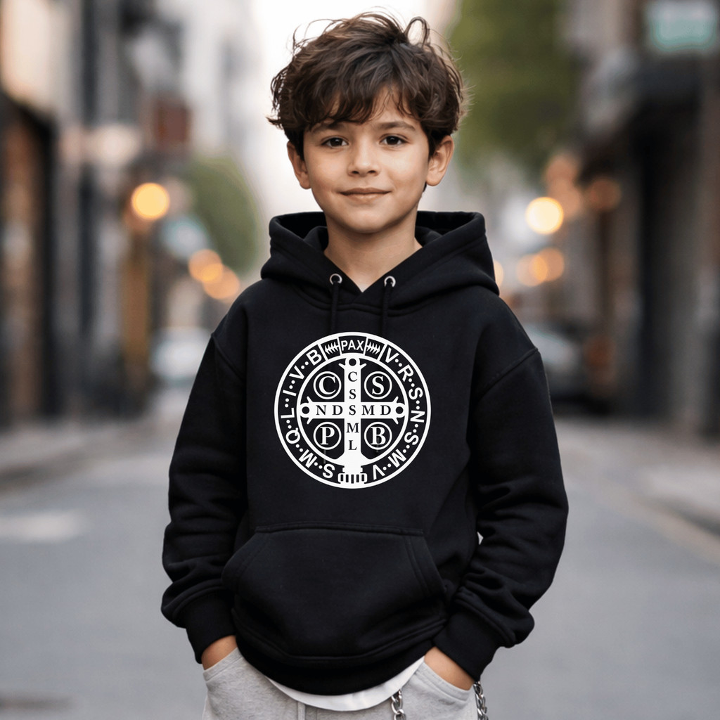 Moletom Canguru Infantil Unissex Medalha de São Bento Fé Católica Santo Blusa De Frio Casaco