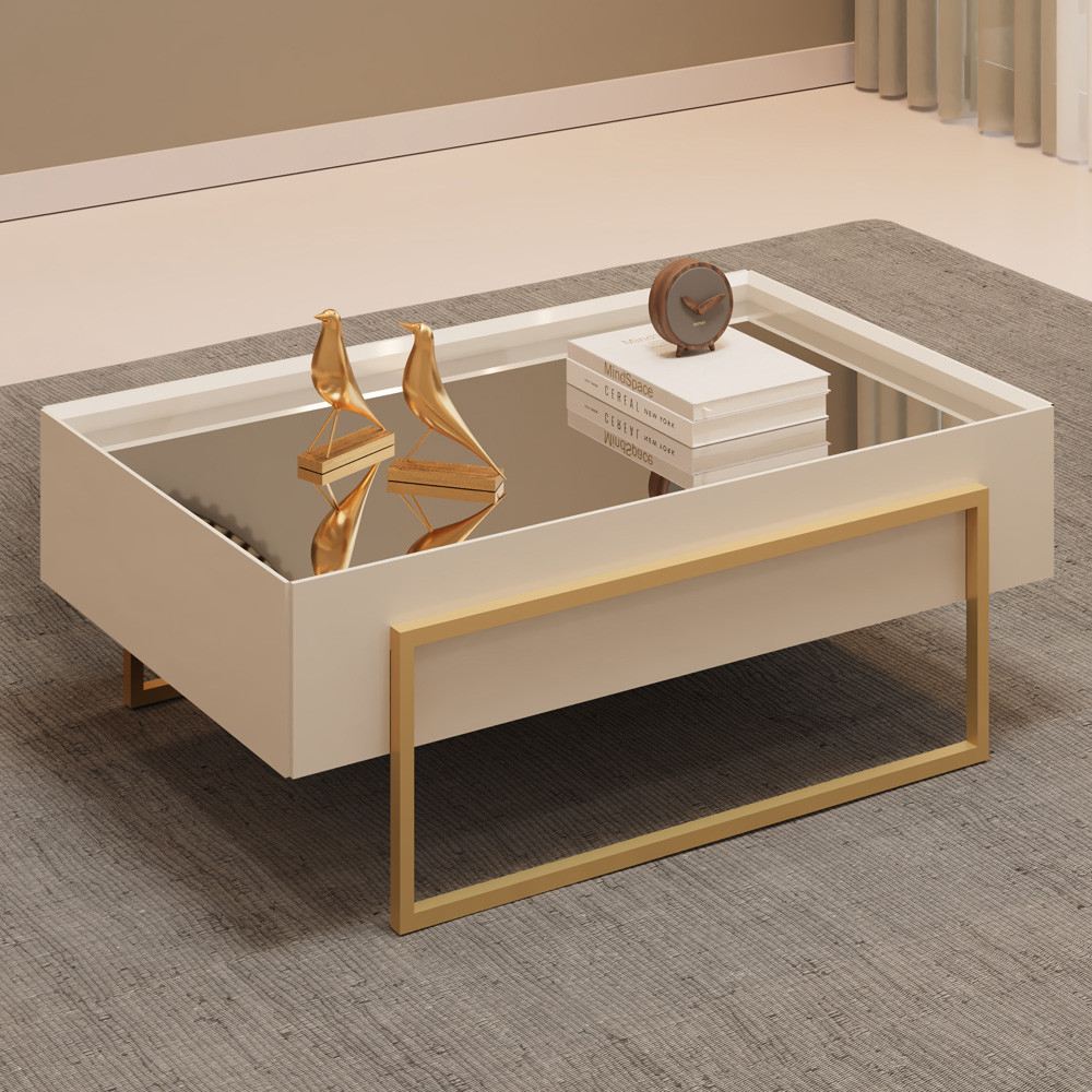 Mesa de Centro Espelhada Para Sala de Estar Pés Industrial Malika D05 Off White - Lyam Decor em Oferta na Shopee