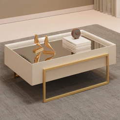 Mesa de Centro Espelhada Para Sala de Estar Pés Industrial Malika D05 Off White - Lyam Decor