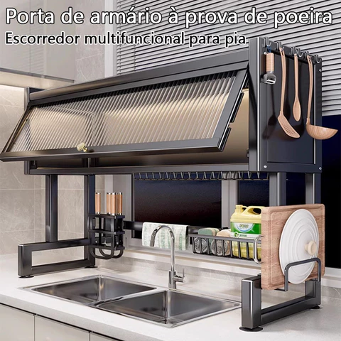 Escorredor De Louça De Pratos Cozinha Suspensa Modular Organizador Estante de Asfalto Duplo Com Porta 65/85cm Branco