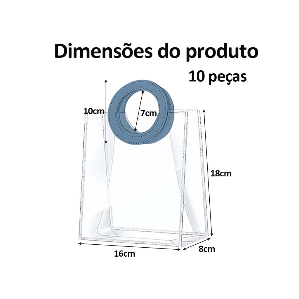 10 sacos de presente portáteis transparentes em pvc, sacolas azuis (18x16x8cm), sacolas para embalagens de produtos