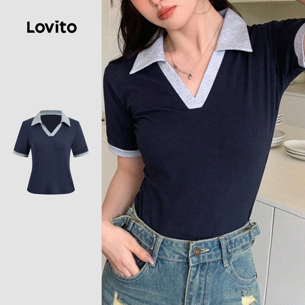 Lovito  Camiseta Elegante Textura Primavera/verão Azul Marinho para Mulheres L172ED1853