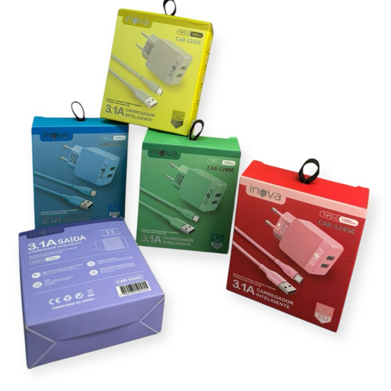 Kit Carregador Completo Mais Cabo 1 metro Colorido Carregador De Celular Tipo C