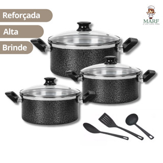 Conjunto 3 Panelas Grande Caçarola Reforçada e com Tampa de Vidro Tamanho N°16/18 e 20 Preto + Espátulas em Oferta na Shopee