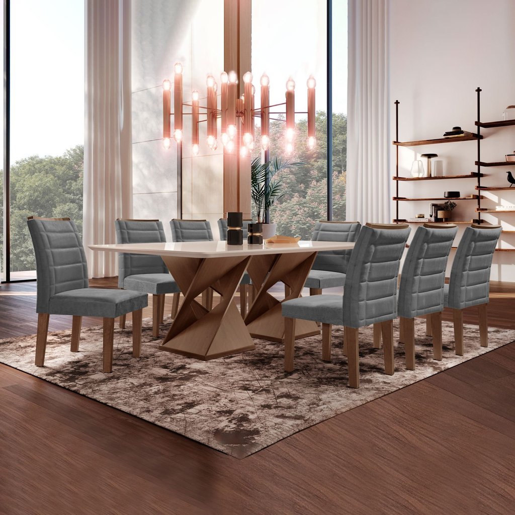 Conjunto Sala de Jantar Genova Tampo Vidro/mdf com 8 Cadeiras Genova Smart Plus Chocolate/Off White/Grafite em Oferta na Shopee