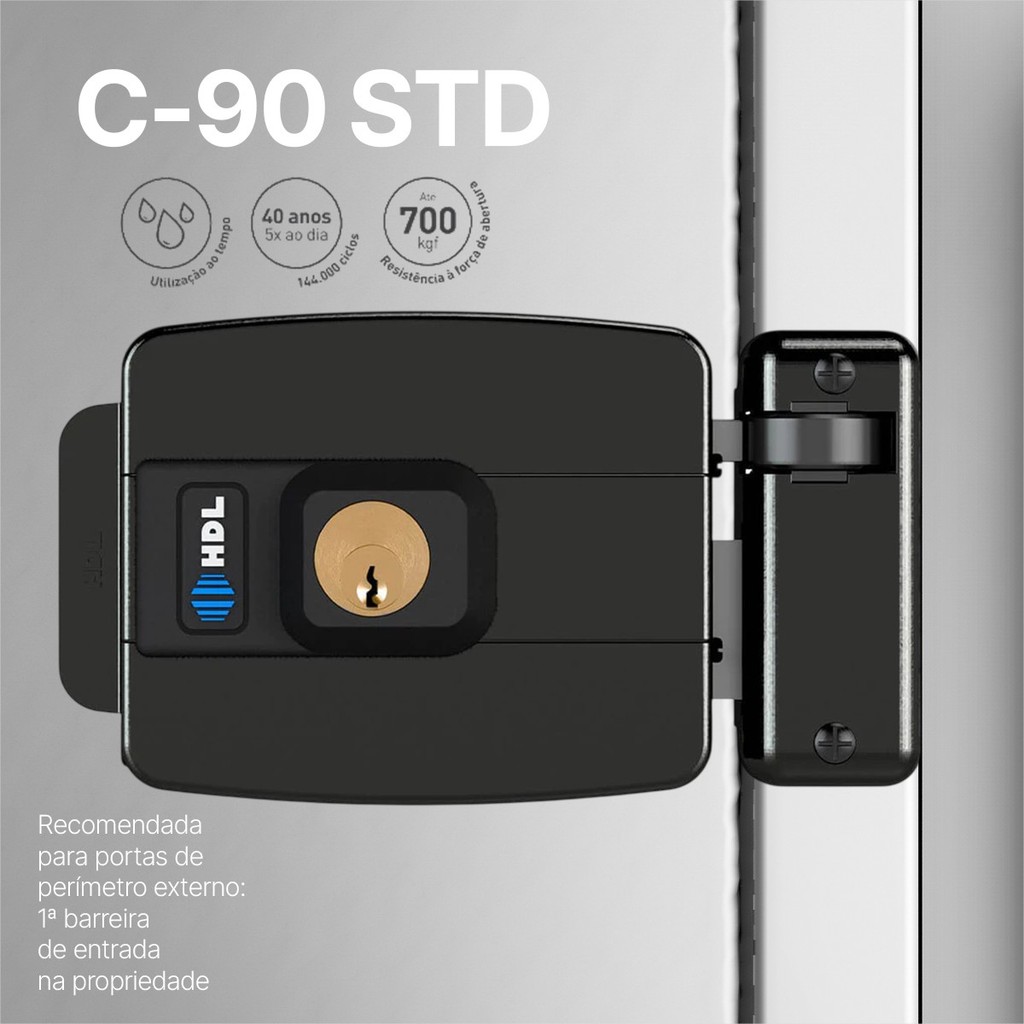 Fechadura Elétrica HDL Std C-90 15W Abertura Para Dentro Cinza E Preto