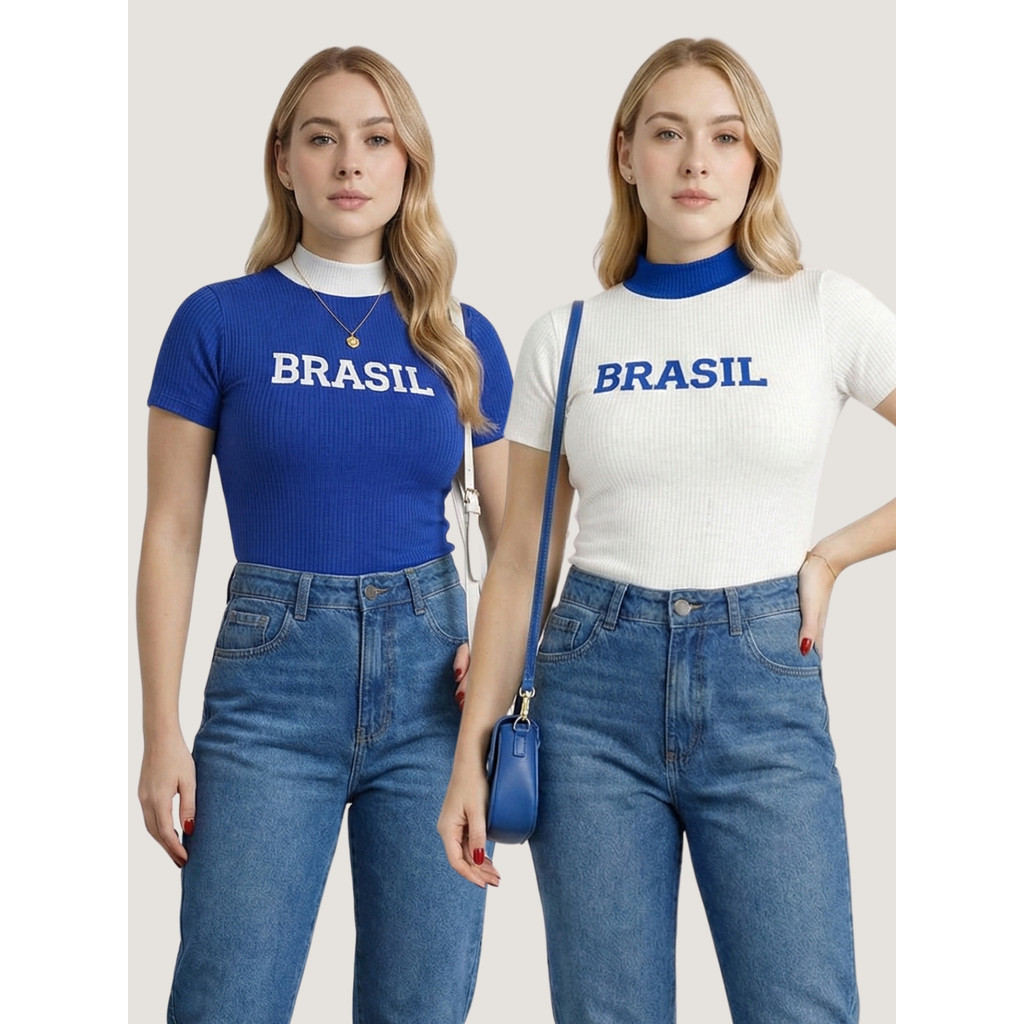 Kit 2 Blusas Brasil Canelada Gola alta Manga Curta Copa do Mundo de Futebol em Oferta na Shopee