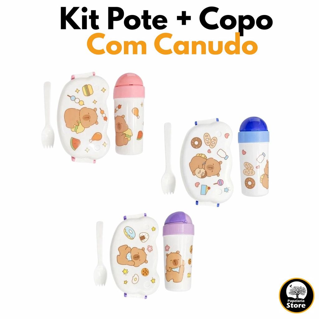 Kit Lancheira Capivara Pote com Divisória e Copo Canudo Menino Menina